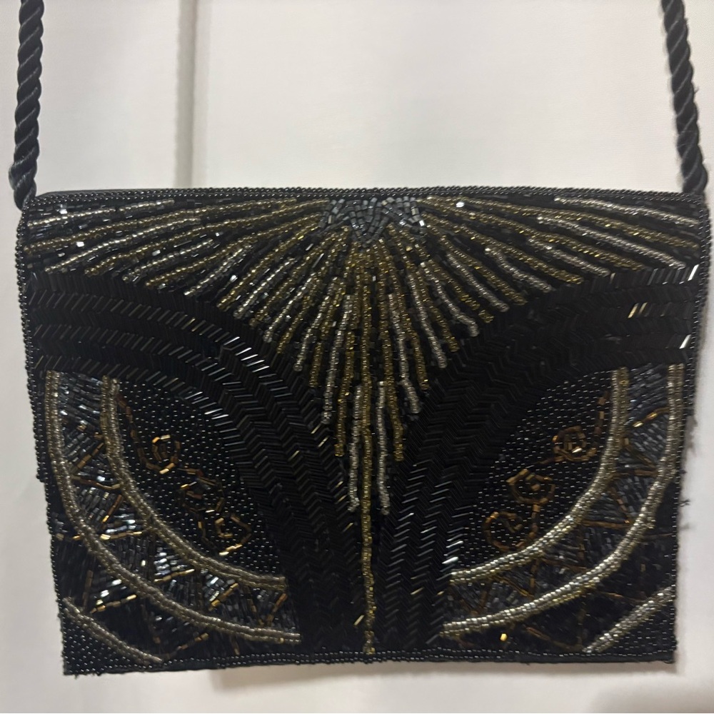 Vintage Black and Gold Beaded Evening Crossbody Clutch - U.S. Pat. 4021891
